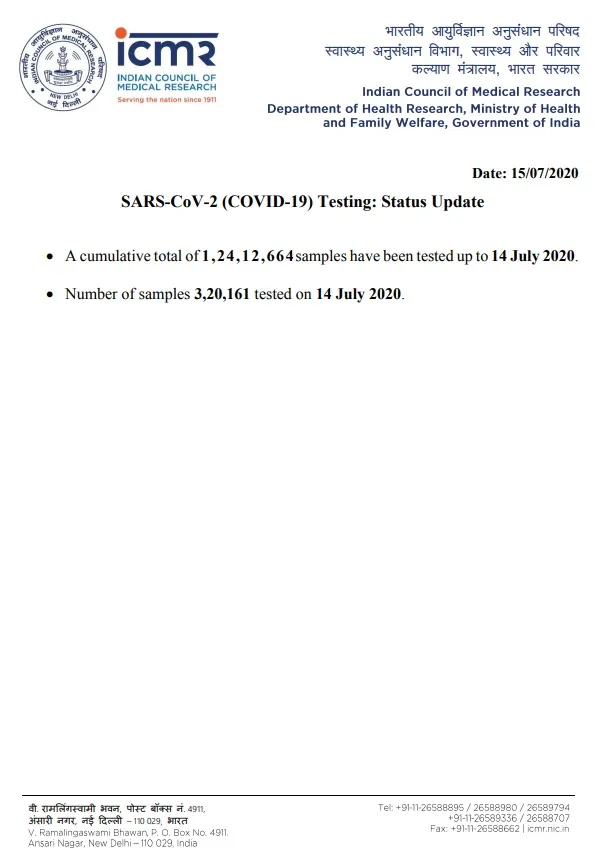 INDIA CORONAVIRUS PEOPLES SAMPLES TESTED ICMR 